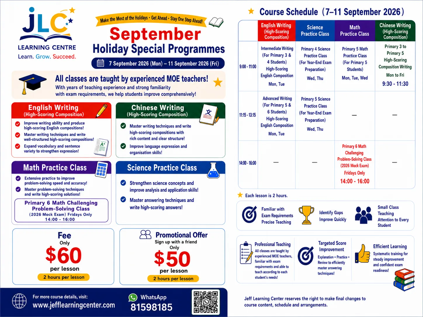 September Holiday Special Programmes brochure — Monday 7 to Friday 11 September 2026. English and Chinese composition, Math and Science practice classes. S$60 per 2-hour lesson, or S$50 when signing up with a friend.